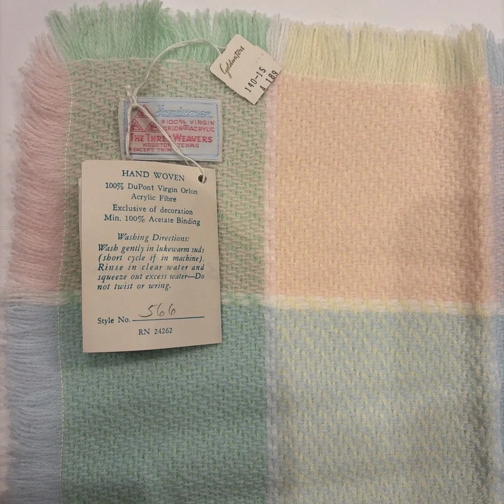 Baby Blanket Three Weavers Pastel Pink Blue Green Squares Acrylic NWT Vintage